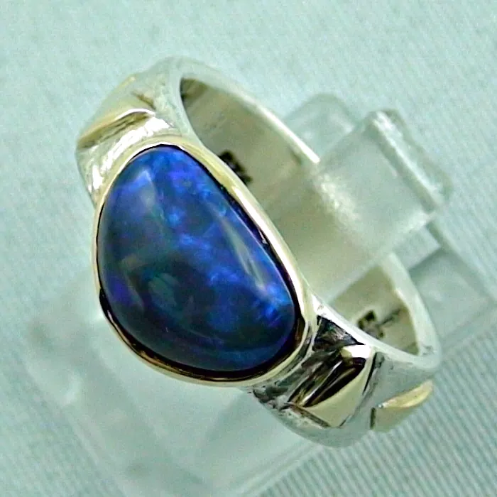Unisex Sterling Silber Ring 925er mit Goldeinlagen und Black Crystal Opal Massivring