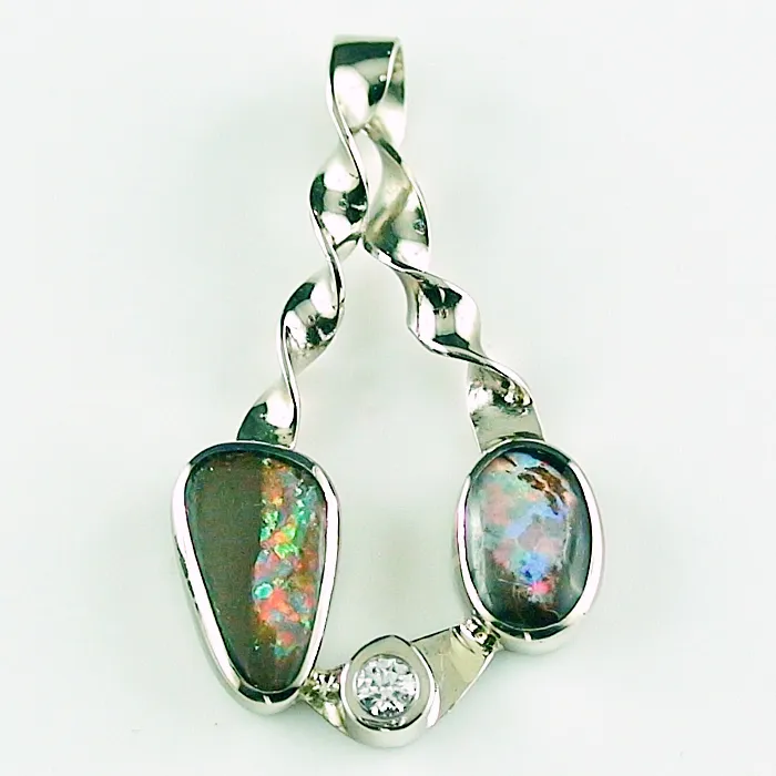18k 750er Weißgold Opal Anhänger zwei Boulder Opalen und einem Diamant