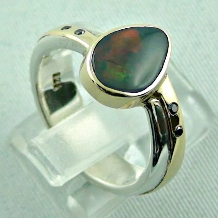 925er Silber Ring 585er Gelbgold, Blackopal, Diamanten