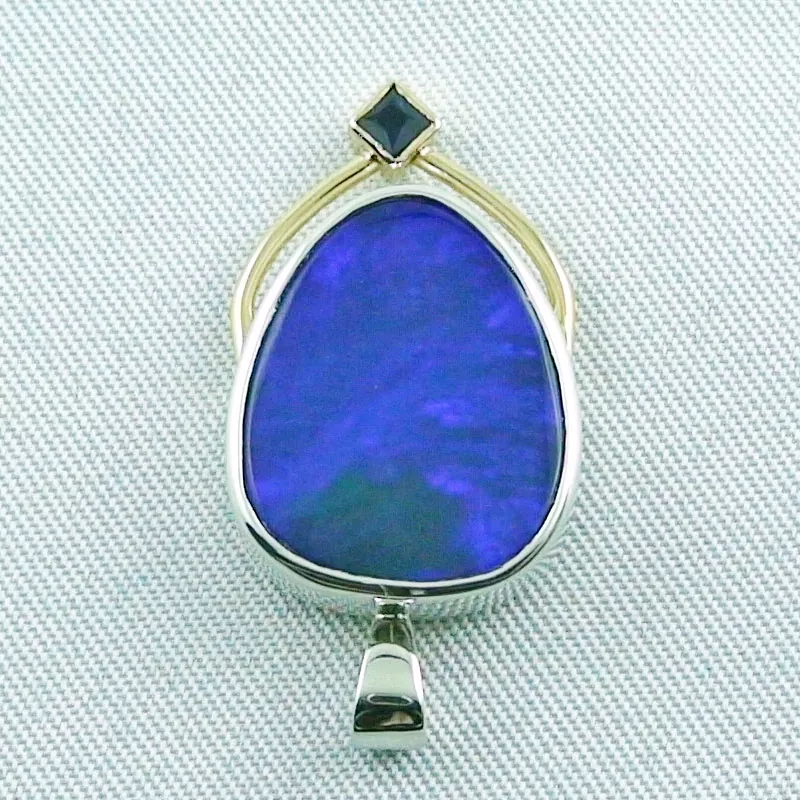 Silberanhänger einem blauen Black Crystal Opal u. Saphir 0,10 ct u. passender Silberkette
