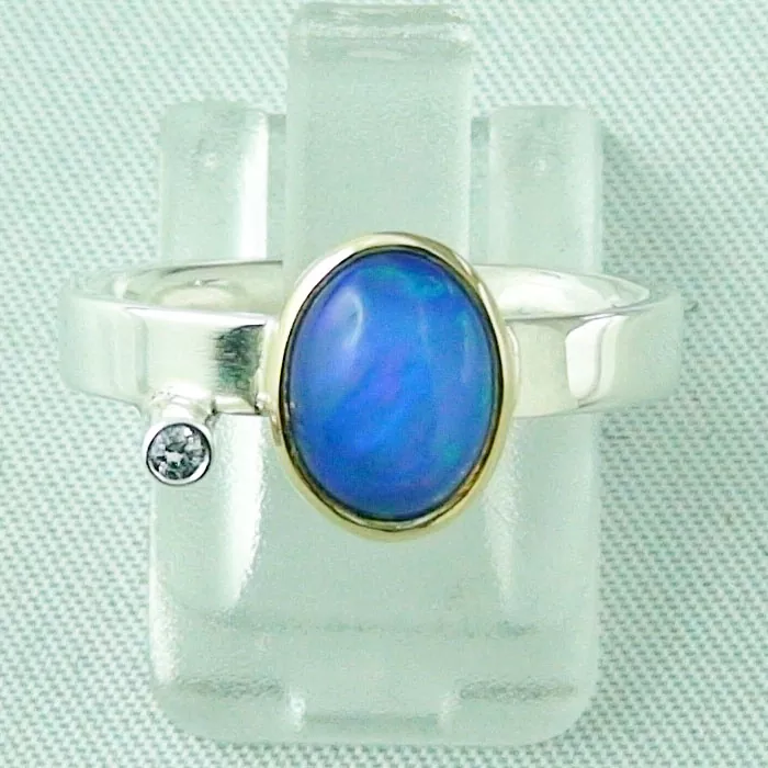 🦚 Silberring mit Welo Opal 1,23 ct 18k Gold u. Diamant blauer Opal