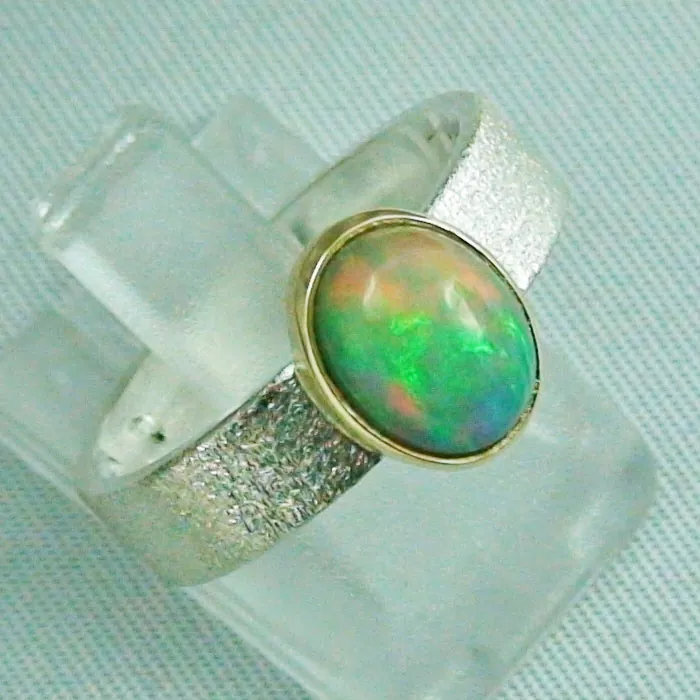 925er Silber / 585er Gold-Opalring mit grünen 1,64 ct Welo Opal ice frosted mattiert