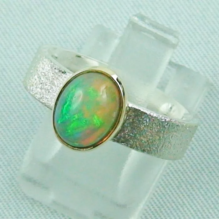 925er Silber / 585er Gold-Opalring mit grünen 1,64 ct Welo Opal ice frosted mattiert