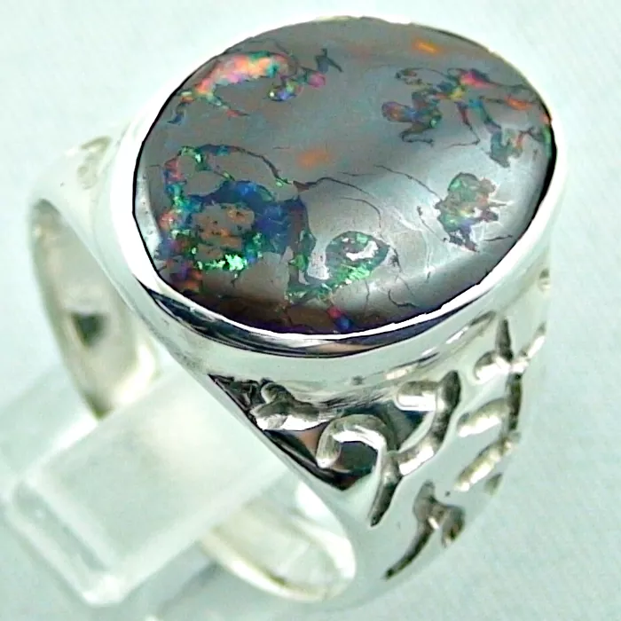 Massiver 925er Silberring mit Boulder Matrix Opal Multicolor