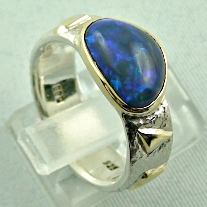 Unisex Sterling Silber Ring 925er mit Goldeinlagen und Black Crystal Opal Massivring