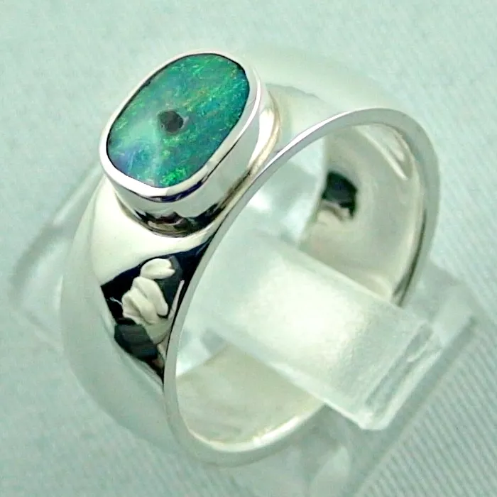 Massiver Silberring mit Semi Blackopal - Opalring mit grünen Opal