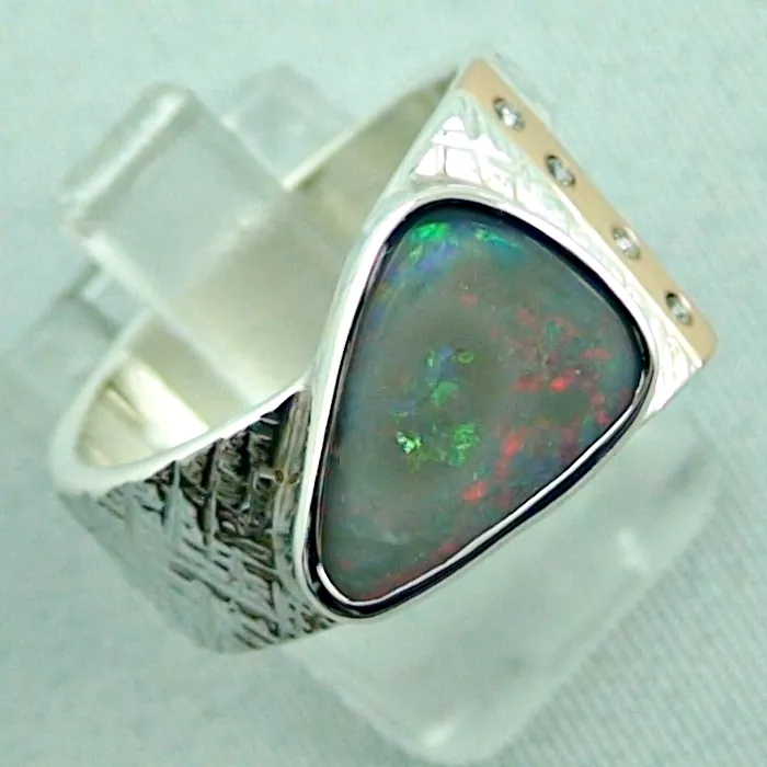 Silberring mit 18k Rotgold Semi Black Opal & Diamanten - Opalring